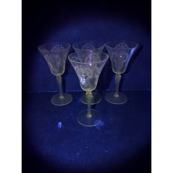 Morgantown Glass Water Goblets, Vtg Etched Chintz Clear Glass, Uranium Set of 4 - Picture 10 of 11